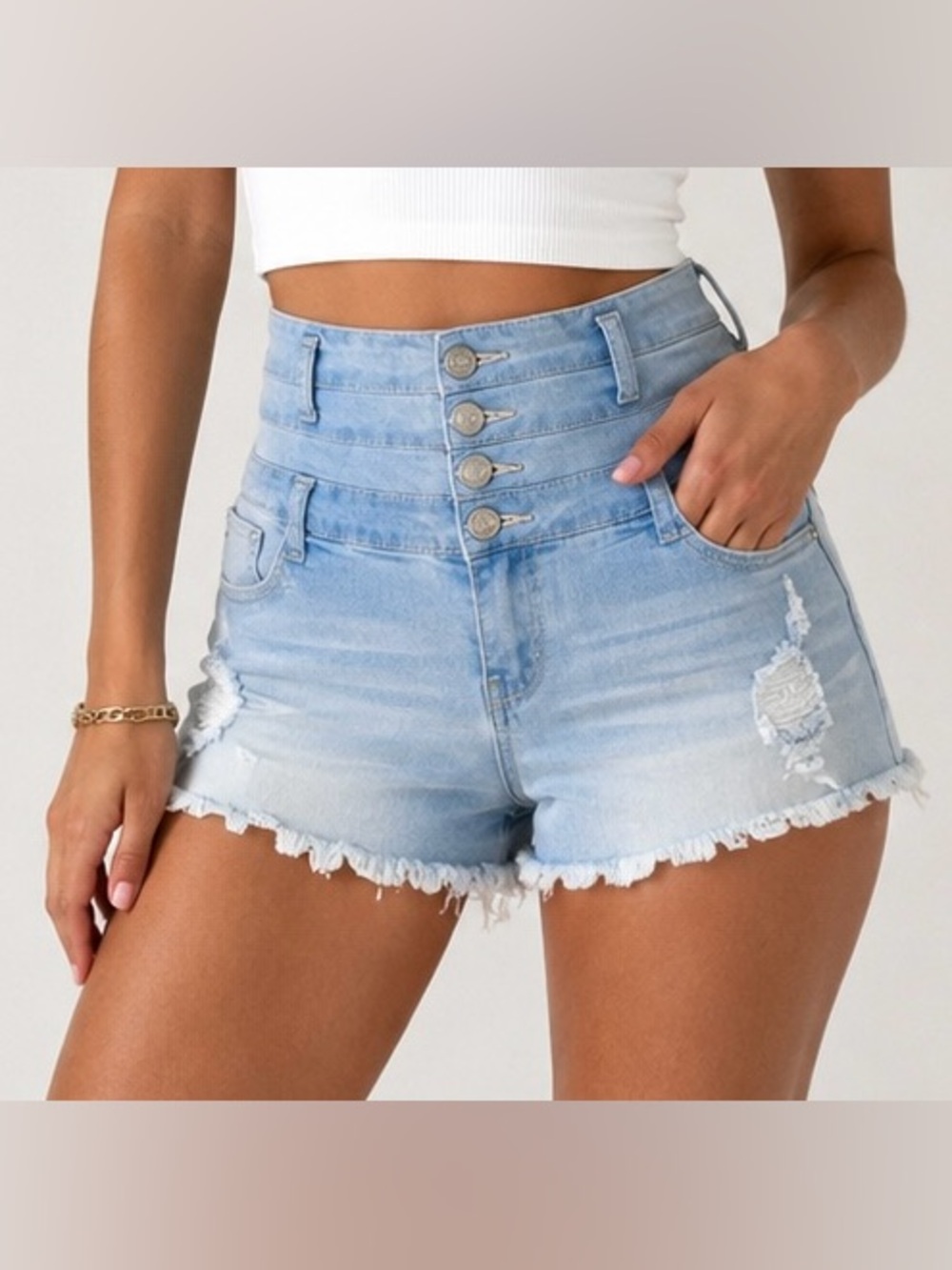 Rue21 Light Wash High-Waisted Button Fly Shorts | Lace Detail | Size 5/6